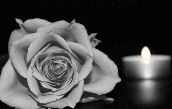 Black-and-white photo showing a white rose and a burning candle.