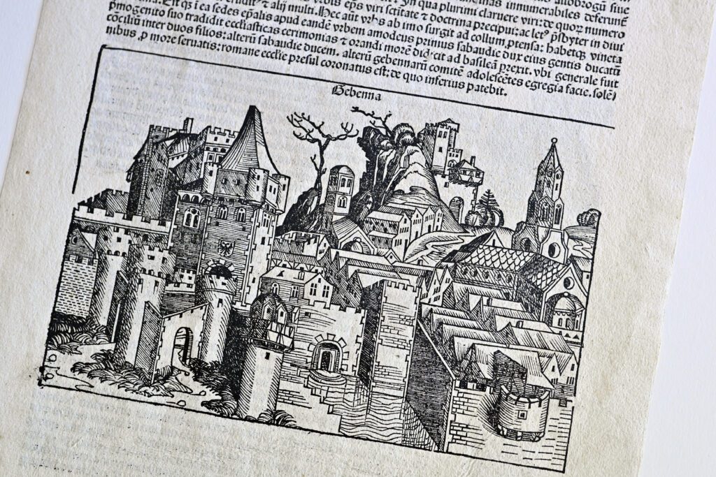 Drvorez s prikazom Ženeve (Gebenna) iz 1493. godine. Autor je Michael Wolgemut iz radionice Wolgemut i Pleydenwurff.