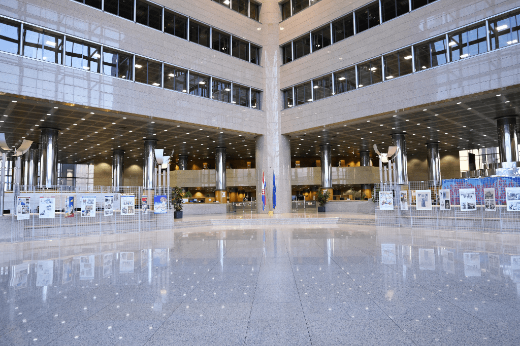 The grand lobby of NSK, the National and University Library in Zagreb.