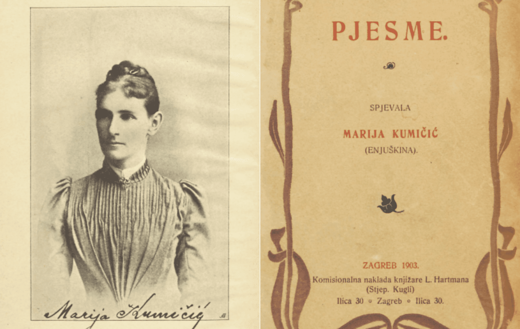 Marija Kumičić – život uz pisca i pisanje Zbirka Pjesme Marije Kumičić, portret autorice i naslovna stranica