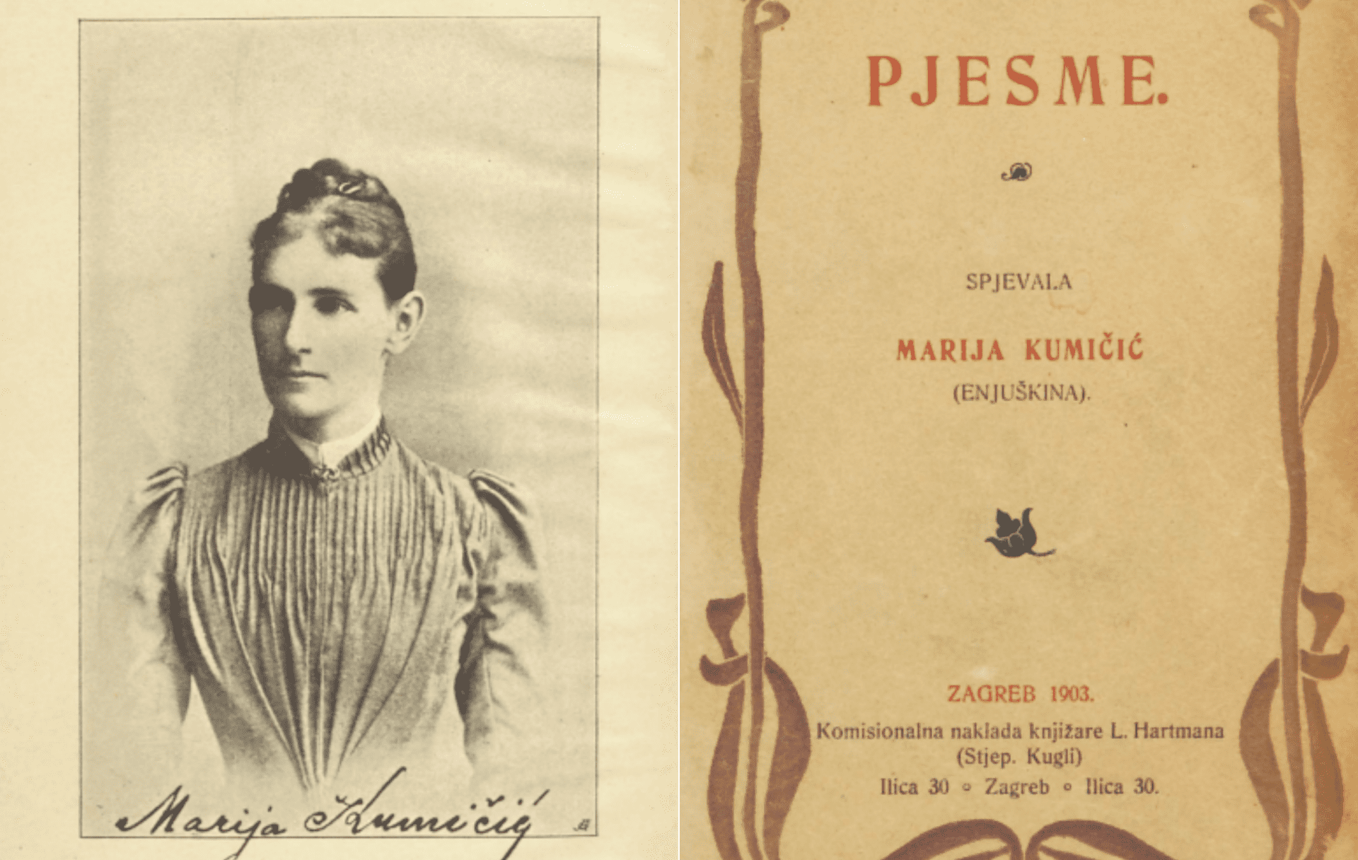Zbirka Pjesme Marije Kumičić, portret autorice i naslovna stranica