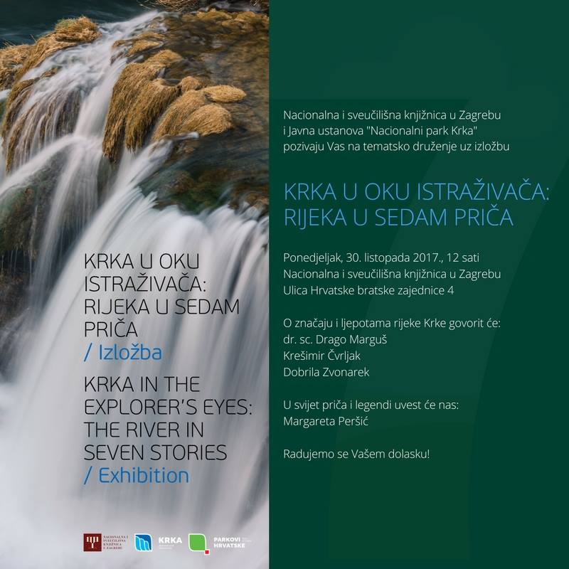 Plakat izložbe NSK i NP Krka „Krka u oku istraživača: rijeka u sedam priča“.