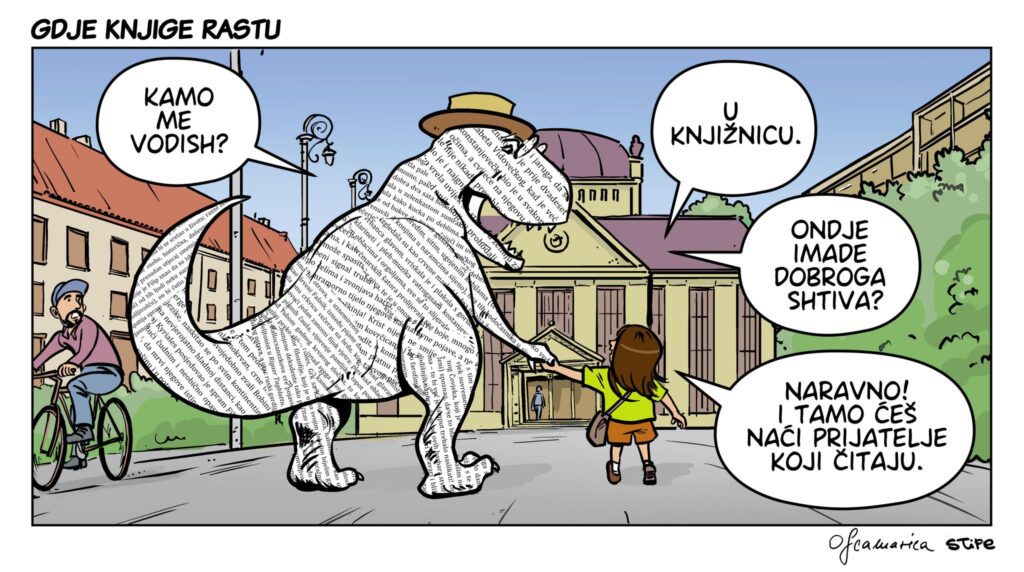 Croatian Book Night 2024 cartoon by Stipe Kalajžić and Dobrila Zvonarek.