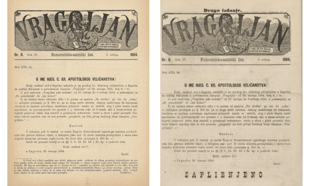 Novine Vragoljan, br. 9 iz 1884. godine: izvorno i cenzurirano izdanje.