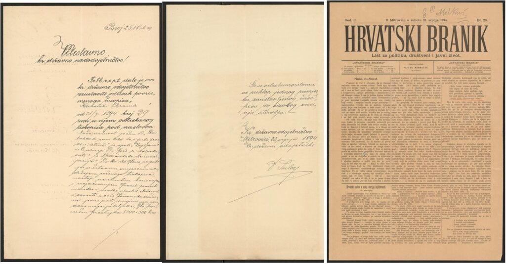 Hrvatski branik br. 29 1894 izvorno izdanje sa spisom HDA