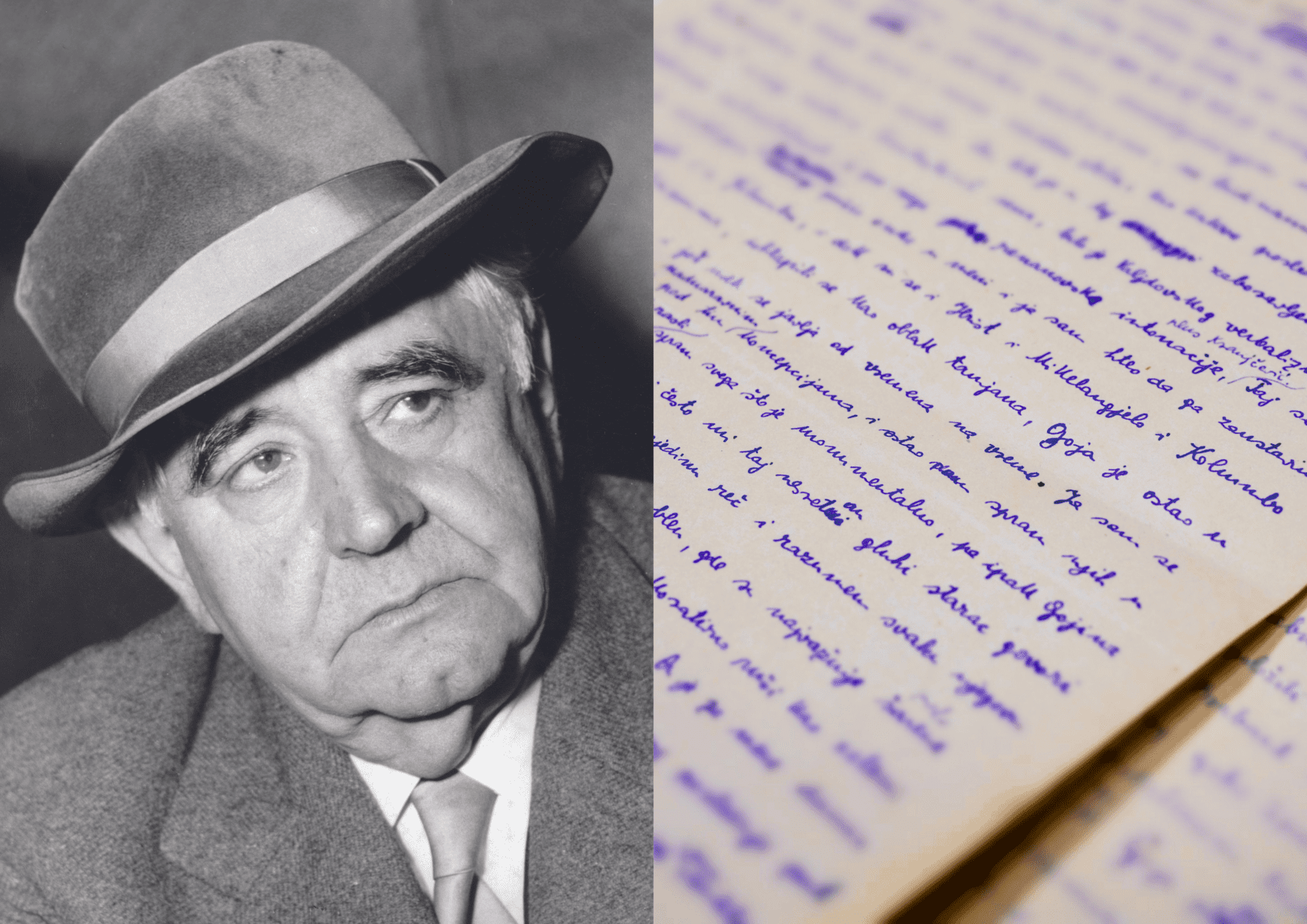 Portret Miroslava Krleže (autor: Frano Vodopivec) i fotografija jednog od Krležinih rukopisa iz fonda NSK (autorica: Dobrila Zvonarek)