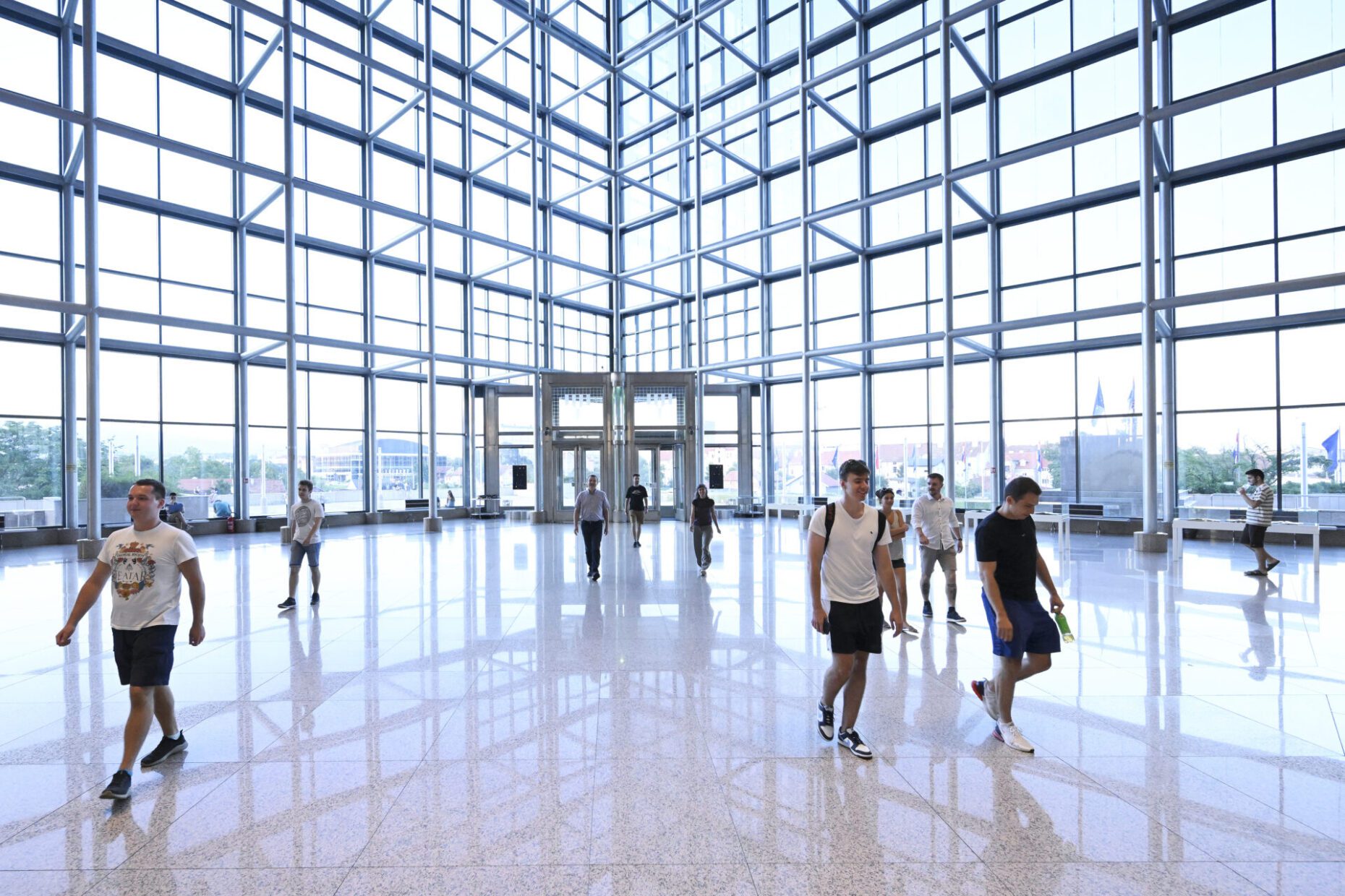 Students in the grand lobby of the National and University Library in Zagreb (NSK).