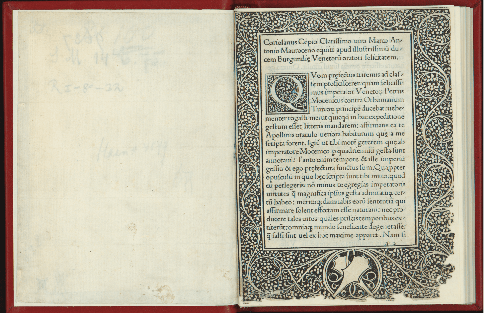 Naslovna stranica s drvoreznim okvirom početne stranice u inkunabuli Koriolana Cippica „Petri Mocenici Imperatoris gestorum…“, Venecija, Erhard Ratdolt, 1477., Zbirka rukopisa i starih knjiga NSKZbirka rukopisa i starih knjiga NSK