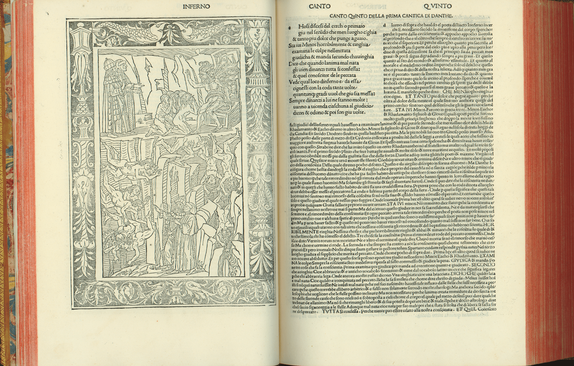 Drvorez s prikazom Minosa i duša razvratnika u inkunabuli Dante Alighieri, La Commedia, Brescia, Boninus de Boninis, 1487., Zbirka rukopisa i starih knjiga NSK.