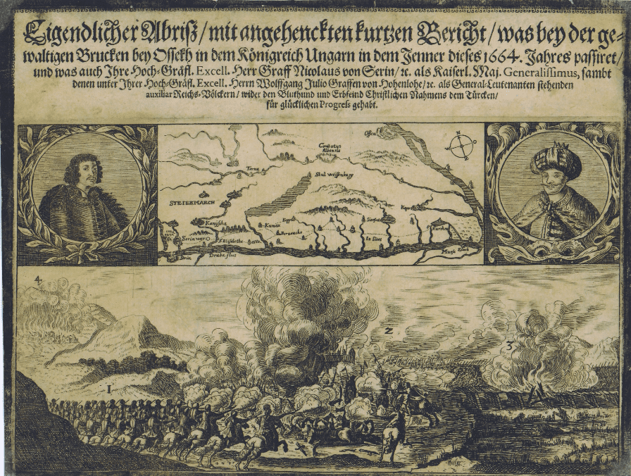 Izvorni nacrt s priloženim kratkim izvješćem što se dogodilo na moćnim mostovima Osijeka u Kraljevini Ugarskoj godine 1664. Nacrt je dio fonda NSK.