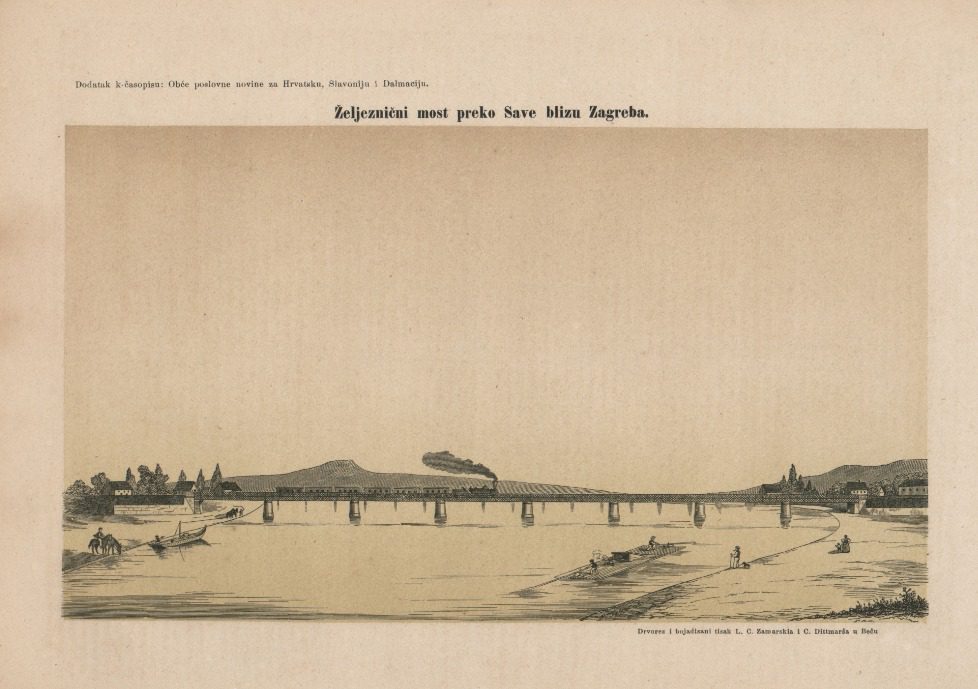 Željeznički most preko Save blizu Zagreba. Grafika iz 1861. godine. Dio je fonda Grafičke zbirke NSK.