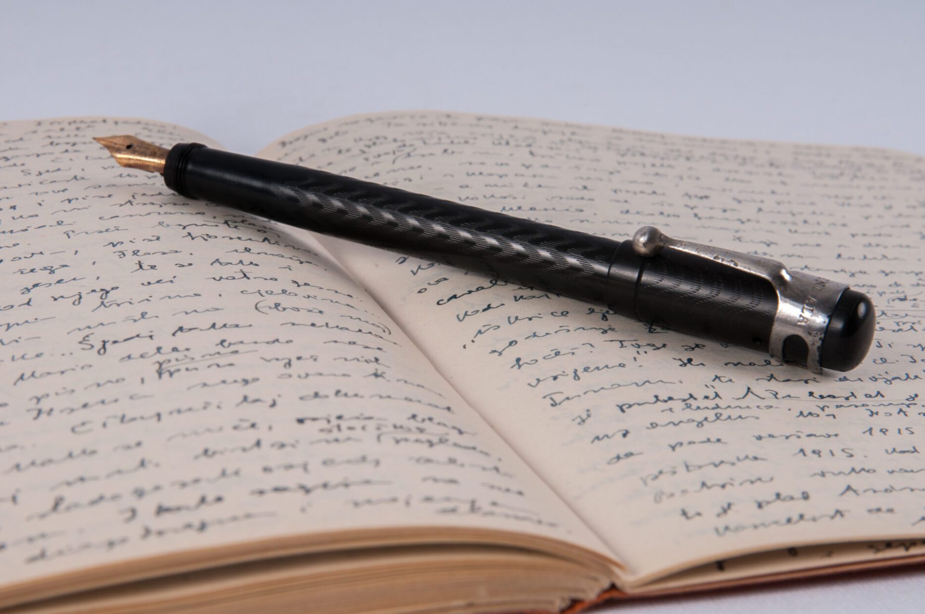 A fountain pen resting on an open notebook.