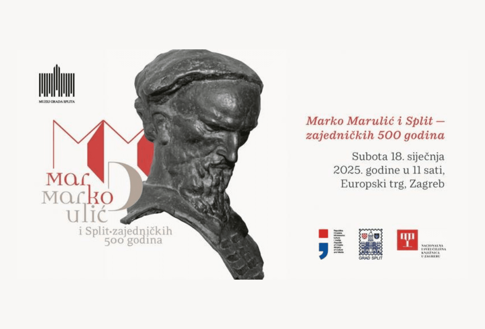 NSK and Split City Museum jointly organising exhibition in Zagreb’s European Square commemorating “the father of Croatian literature” The invitation for the Zagreb edition of the 'Marko Marulić and Split - 500 years together' exhibition
