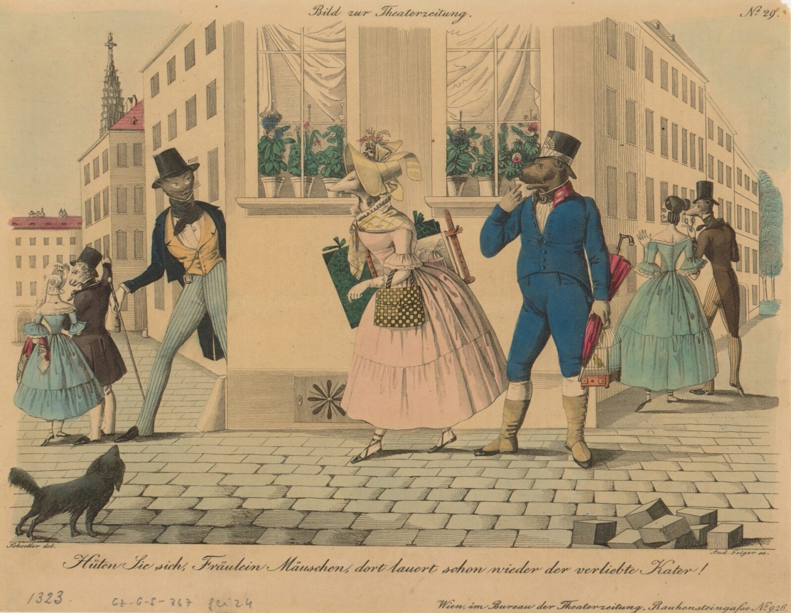 Bakropis A. Geigera "Hüten Sie sich, Fräulein Mäuschen" iz 1839. koji prikazuje životinje u otmjenoj ljudskoj odjeći.