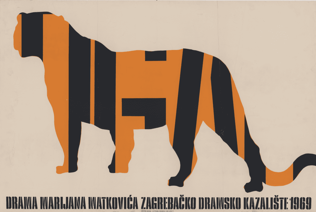 Sitotisak Borisa Bućana iz 1969. koji prikazuje tigra; plakat za dramu Marijana Matkovića "Tigar" u Zagrebačkom dramskom kazalištu 1969.
