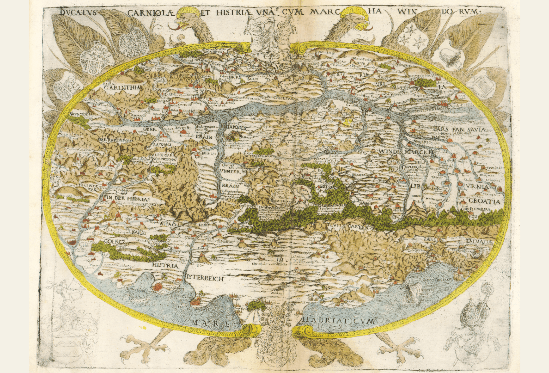 Lazius, Wolfgang (1561) “Ducatus Carniolae et Histriae una cum Marcha Windorum”. Vienna: Michael Zimmermann. NSK Map Collection.