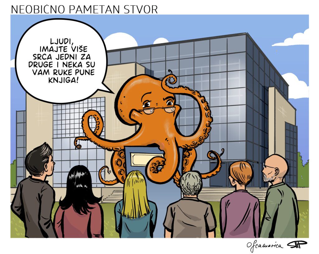 Strip-ilustracija za Noć knjige 2025. koja prikazuje hobotnicu s naočalama ispred Nacionalne sveučilišne knjižnice, koja se obraća skupini ljudi.