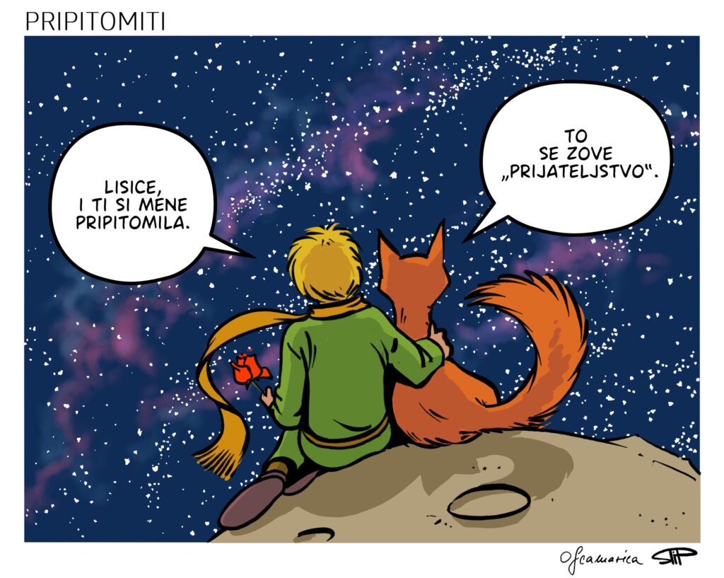 Strip-ilustracija za Noć knjige nadahnuta knjigom Mali princ A. de Saint-Exupéryja koja s leđa prikazuje dječaka koji grli lisicu na površini drugog planeta.