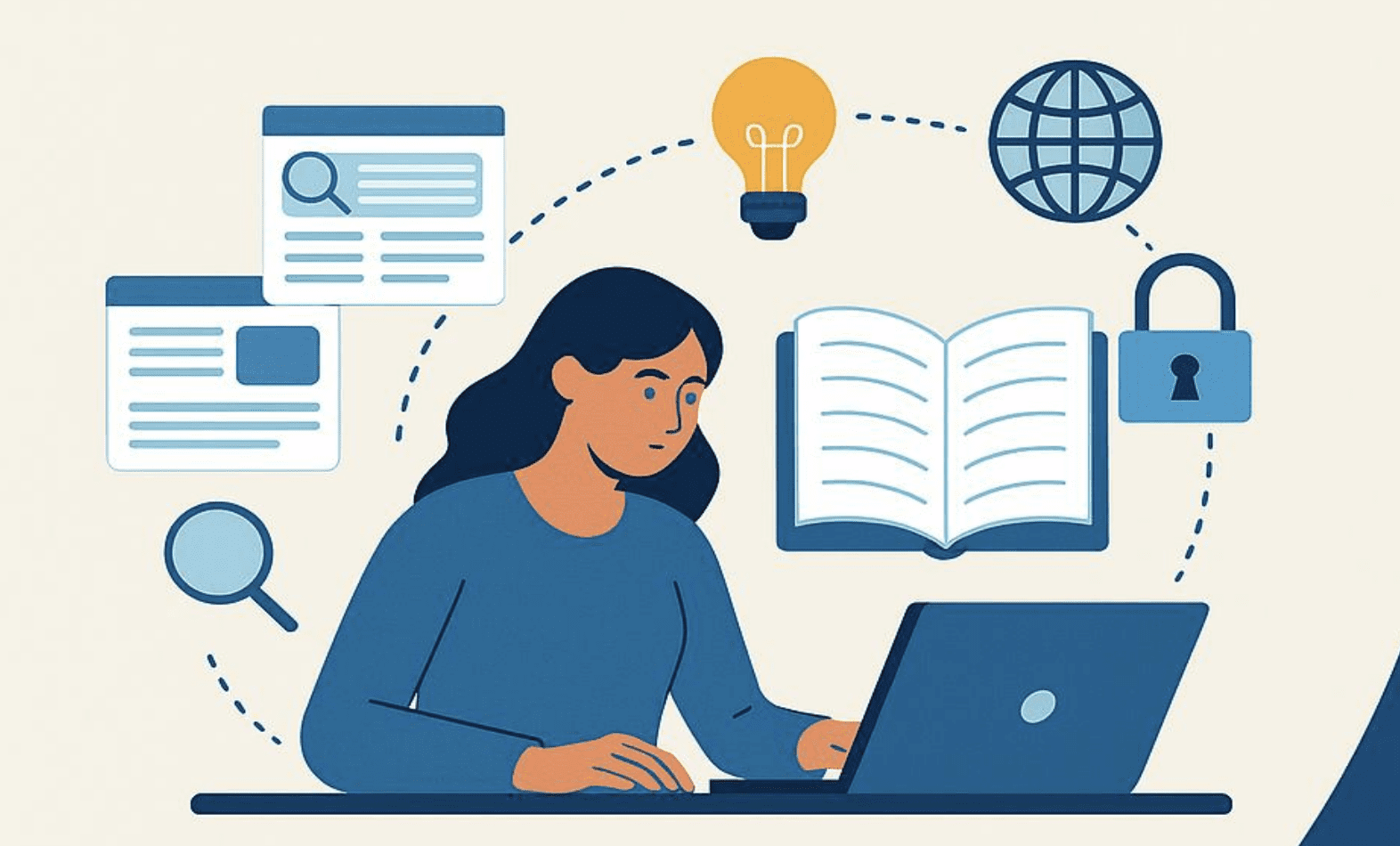 NSK takes part in the development of the Croatian Open Science Plan A female person at a laptop with a symbolic representation of the organisation of data and resources hovering around her.