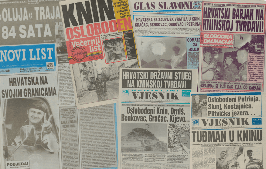 Frontpages of various Croatian newspapers documenting Croatia’s Operation Storm 1995 military offensive.