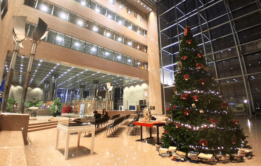 Christmas tree in the grand lobby of the National and University Library in Zagreb.