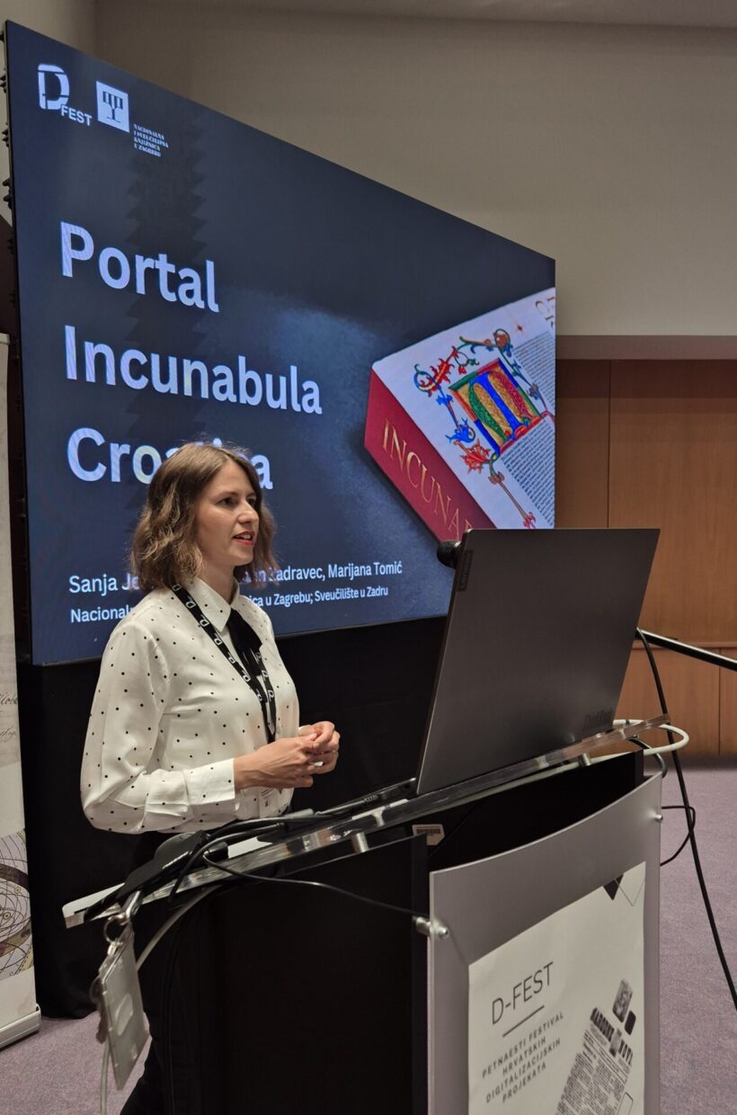 Sanja Jelušić iz NSK na 15. D-festu s prezentacijom „Portal Incunabula Croatica“ (uz autorice dr. sc. Sofiju Klarin Zadravec iz NSK i prof. dr. sc. Marijanu Tomić sa Sveučilišta u Zadru).