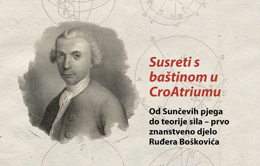 Vizualni identitet šestog događanja manifestacije „Susreti s baštinom u CroAtriumu“ s likom Ruđera Boškovića.
